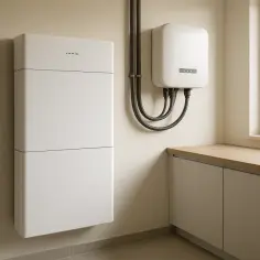 Nowoczesny bank energii do domu, zamontowany na ścianie obok falownika. Zapewnia niezależność energetyczną.