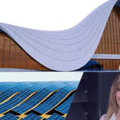 Nowoczesna architektura i panele słoneczne, które mogą wykorzystywać perowskity do produkcji czystej energii.