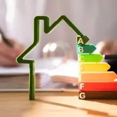 Zielony dom i etykiety energetyczne A-G symbolizują analizę kosztów energii, która może prowadzić do zmiany dostawcy prądu.