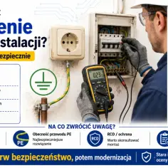 Elektryk sprawdza uziemienie w starej instalacji multimetrem. Poradnik "Jak zrobić uziemienie w starej instalacji" z zasadami bezpieczeństwa.