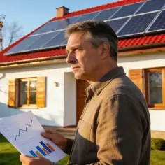 Mężczyzna analizuje wykresy przed domem z panelami słonecznymi. Planuje instalację banku energii 10kW.