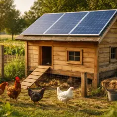 Kurnik z panelami słonecznymi na dachu, cztery kury na trawie. Wiejski krajobraz z traktorem w tle. Życie off grid.