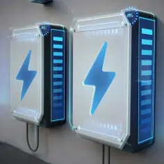 Dwa nowoczesne magazyny energii z ikonami błyskawicy. Zastanawiasz się, ile kosztuje fotowoltaika? To inwestycja w przyszłość.