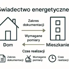 Schemat procesu uzyskania certyfikatu energetycznego mieszkania: zakres dokumentacji, wymagane pomiary i czas realizacji.