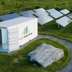 Kontener magazynu energii z panelami słonecznymi w tle. System ten umożliwia efektywne zarządzanie energią, wspierając koncepcję net billing.