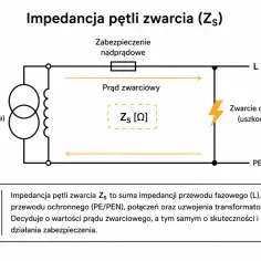 Schemat przedstawia pętlę zwarcia, gdzie impedancja Zs wpływa na prąd zwarciowy i działanie zabezpieczeń.