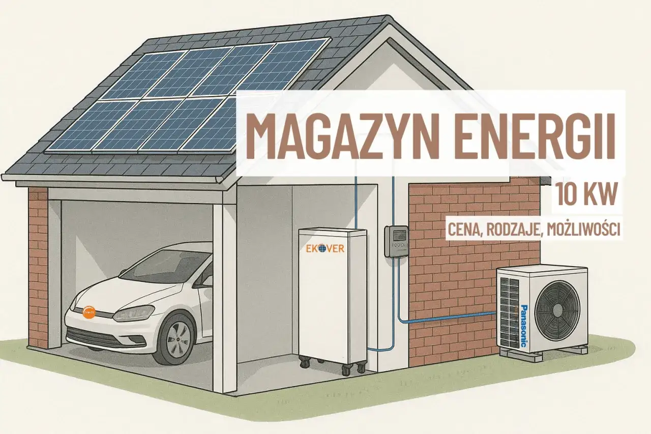 Nowoczesna mikroinstalacja z magazynem energii, panele słoneczne na dachu, samochód elektryczny w garażu i jednostka zewnętrzna klimatyzacji.