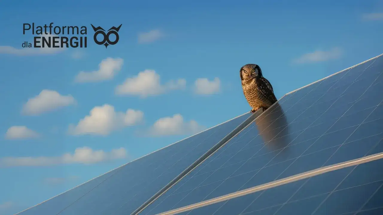 Sowa na panelach słonecznych, symbol mądrości i zrównoważonej energii. Platforma dla Energii wspiera spółdzielnie energetyczne.