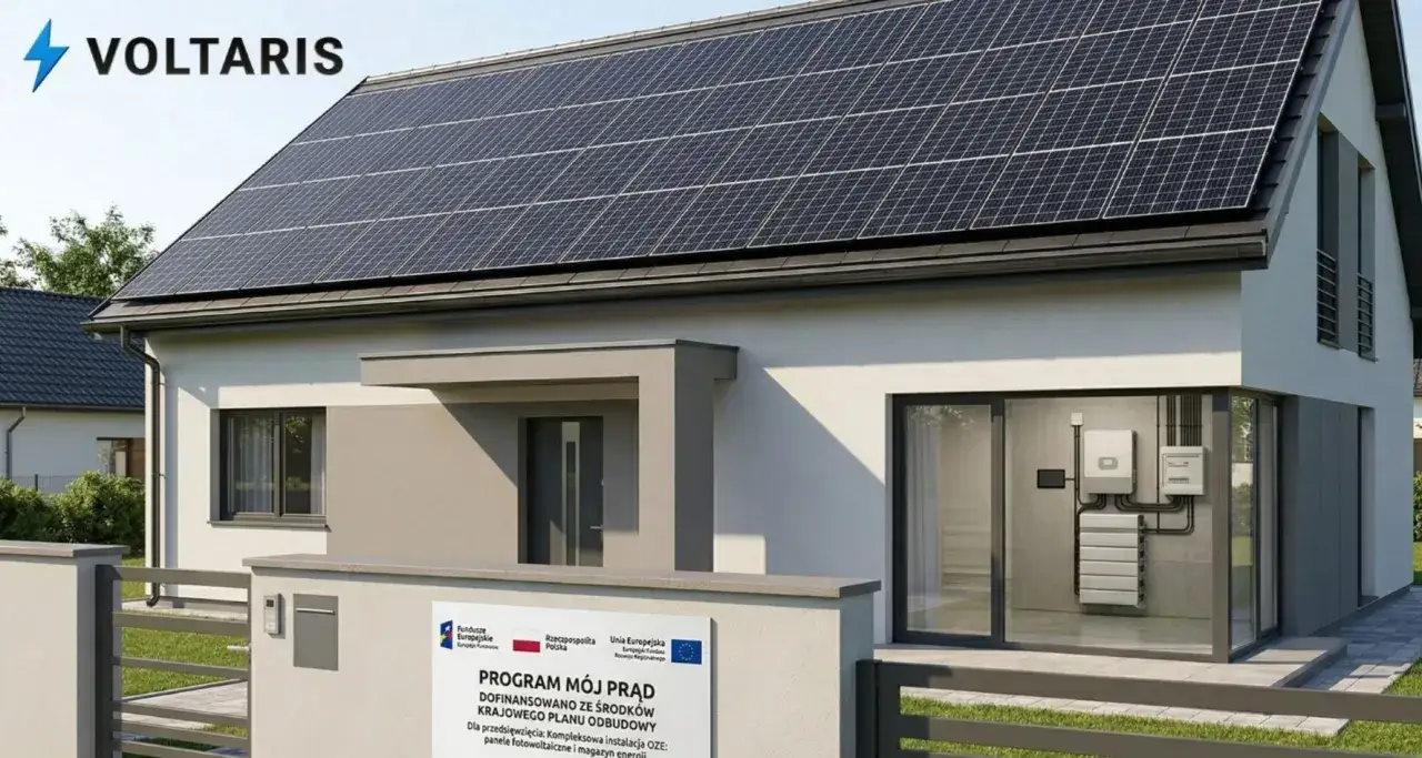 Nowoczesny dom z panelami fotowoltaicznymi na dachu, zasilany energią OZE. Program 